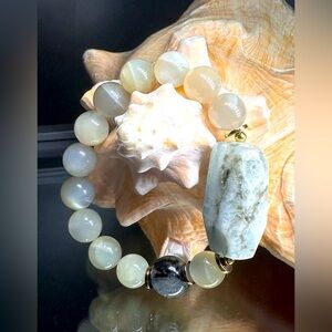 GREY MOONSTONE + AQUAMARINE  NATURAL STONES BRACELET 7”